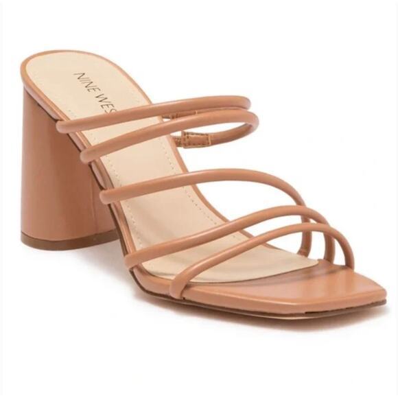 Nine West Getcha Heels 11 Tan NWOT Sandals Mules Strappy Block Heel 90s Y2K - Picture 1 of 8
